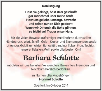 Traueranzeige von Barbara Schlotte von WVG - Wochenspiegel Merseburg