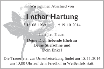 Traueranzeige von Lothar Hartung von WVG - Wochenspiegel NMB / WSF / ZTZ