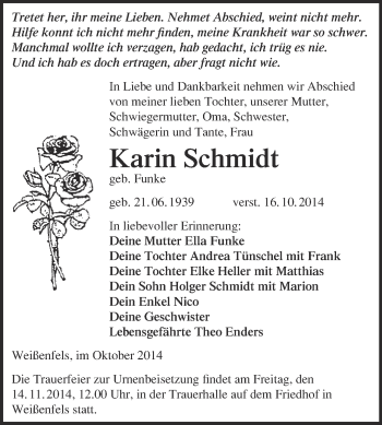 Traueranzeige von Karin Schmidt von WVG - Wochenspiegel NMB / WSF / ZTZ