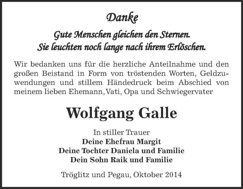  Traueranzeige für Wolfgang Galle vom 26.10.2014 aus Super Sonntag Zeitz