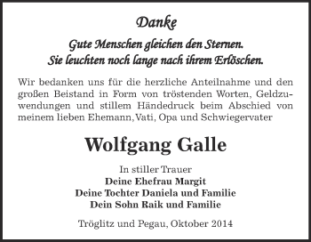 Traueranzeige von Wolfgang Galle von Super Sonntag Zeitz