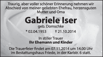 Traueranzeige von Gabriele lser von Super Sonntag Dessau / Köthen