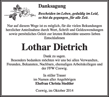 Traueranzeige von Lothar Dietrich von Super Sonntag Wittenberg