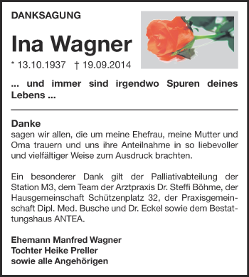 Traueranzeige von Ina Wagner von Super Sonntag Zeitz