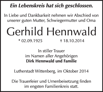 Traueranzeige von Gerhild Hennwald von WVG - Wochenspiegel Wittenberg