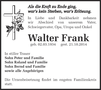 Traueranzeige von Walter Frank von Super Sonntag Bernburg