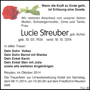 Traueranzeige von Lucie Streuber von Super Sonntag Zeitz