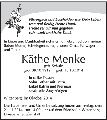 Traueranzeige von Käthe Menke von WVG - Wochenspiegel Wittenberg