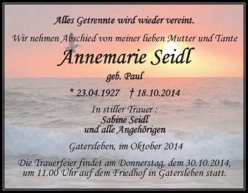 Traueranzeige von Annemarie Seidl von Super Sonntag Aschersleben