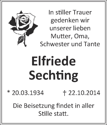 Traueranzeige von Elfriede Sechting von Super Sonntag Quedlinburg