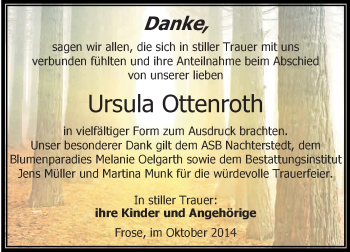 Traueranzeige von Ursula Ottenroth von Super Sonntag Aschersleben