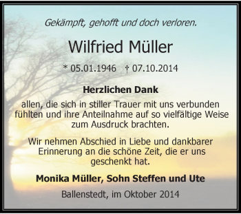 Traueranzeige von Wilfried Müller von Super Sonntag Aschersleben