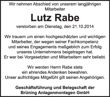 Traueranzeige von Lutz Rabe von Super Sonntag Dessau / Köthen