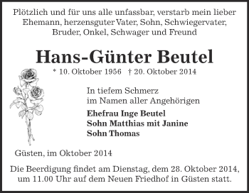 Traueranzeige von Hans-Günter Beutel von Super Sonntag Bernburg