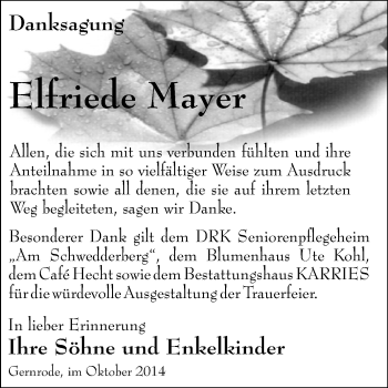 Traueranzeige von Elfriede Mayer von WVG - Wochenspiegel Quedlinburg