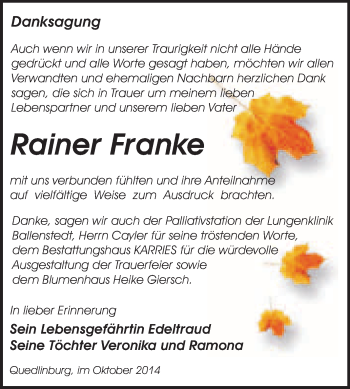 Traueranzeige von Rainer Franke von WVG - Wochenspiegel Quedlinburg