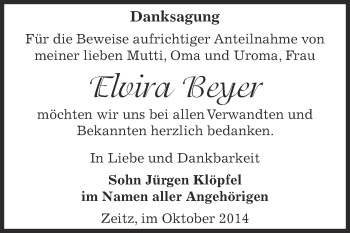 Traueranzeige von Elwira Beyer von Super Sonntag Zeitz