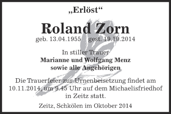 Traueranzeige von Roland Zorn von Super Sonntag Zeitz