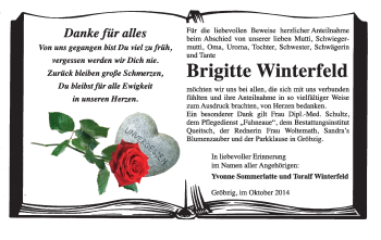 Traueranzeige von Brigitte Winterfeld von Super Sonntag Dessau / Köthen