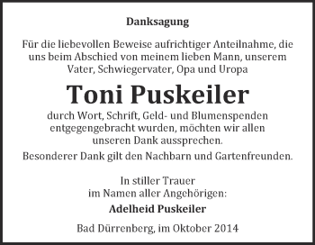 Traueranzeige von Toni Puskeiler von Super Sonntag Merseburg