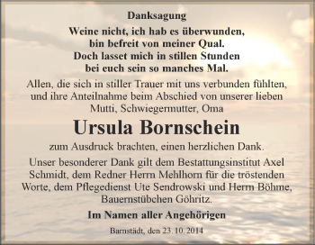 Traueranzeige von Ursula Bornschein von WVG - Wochenspiegel Merseburg