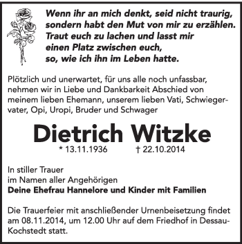 Traueranzeige von Dietrich Witzke von Super Sonntag Dessau / Köthen