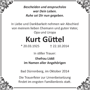 Traueranzeige von Kurt Güttel von Super Sonntag Merseburg