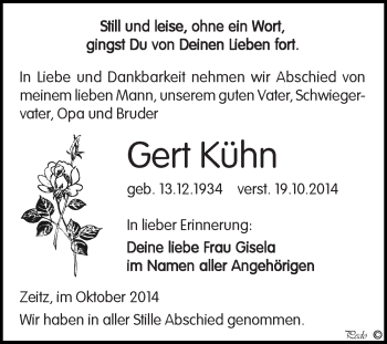 Traueranzeige von Gert Kühn von Super Sonntag Zeitz