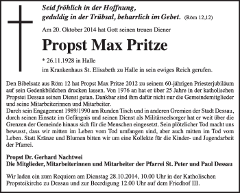 Traueranzeige von Propst Max Pritze von Super Sonntag Dessau / Köthen