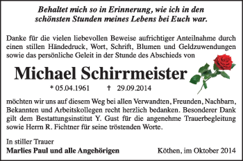 Traueranzeige von Michael Schirrmeister von Super Sonntag Dessau / Köthen