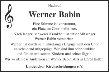 Traueranzeige von Werner Babin von WVG - Wochenspiegel NMB / WSF / ZTZ