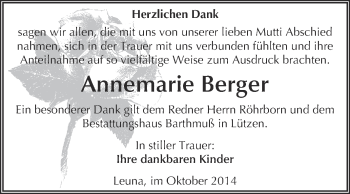 Traueranzeige von Annemarie Berger von WVG - Wochenspiegel Merseburg