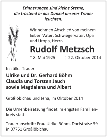 Traueranzeige von Rudolf Metzsch von WVG - Wochenspiegel NMB / WSF / ZTZ