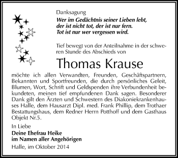 Traueranzeige von Thomas Krause von WVG - Wochenspiegel NMB / WSF / ZTZ