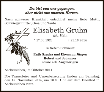 Traueranzeige von Elisabeth Gruhn von Super Sonntag Aschersleben