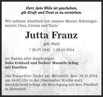 Traueranzeige von Jutta Franz von Super Sonntag Bernburg