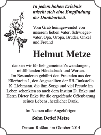 Traueranzeige von Helmut Metze von Super Sonntag Dessau / Köthen