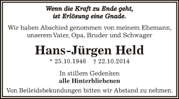 Traueranzeige von Hans-Jürgen Held von WVG - Wochenspiegel Dessau / Köthen
