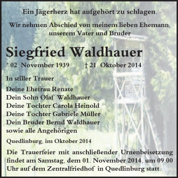 Traueranzeige von Siegfried Waldhauer von WVG - Wochenspiegel Quedlinburg