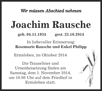 Traueranzeige von Joachim Rausche von Super Sonntag Aschersleben