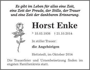 Traueranzeige von Horst Enke von Wochenspiegel Mansfelder Land