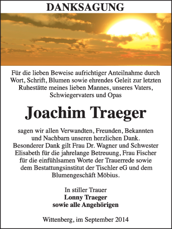 Traueranzeige von Joachim Traeger von Super Sonntag Wittenberg