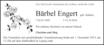 Traueranzeige von Bärbel Engert von Super Sonntag Zeitz