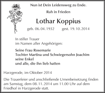 Traueranzeige von Lothar Koppius von Super Sonntag Quedlinburg