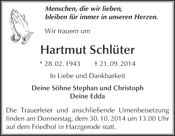 Traueranzeige von Hartmut Schlüter von Super Sonntag Quedlinburg