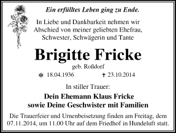 Traueranzeige von Brigitte Fricke von Super Sonntag Dessau / Köthen