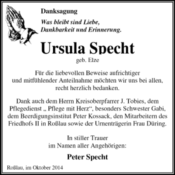 Traueranzeige von Ursula Specht von Super Sonntag Dessau / Köthen