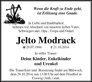 Traueranzeige von Jelto Modrack von Super Sonntag Dessau / Köthen