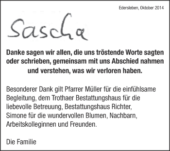 Traueranzeige von Sascha  von Super Sonntag SGH Mansf. Land