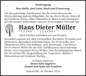 Traueranzeige von Hans Dieter Müller von WVG - Wochenspiegel Quedlinburg